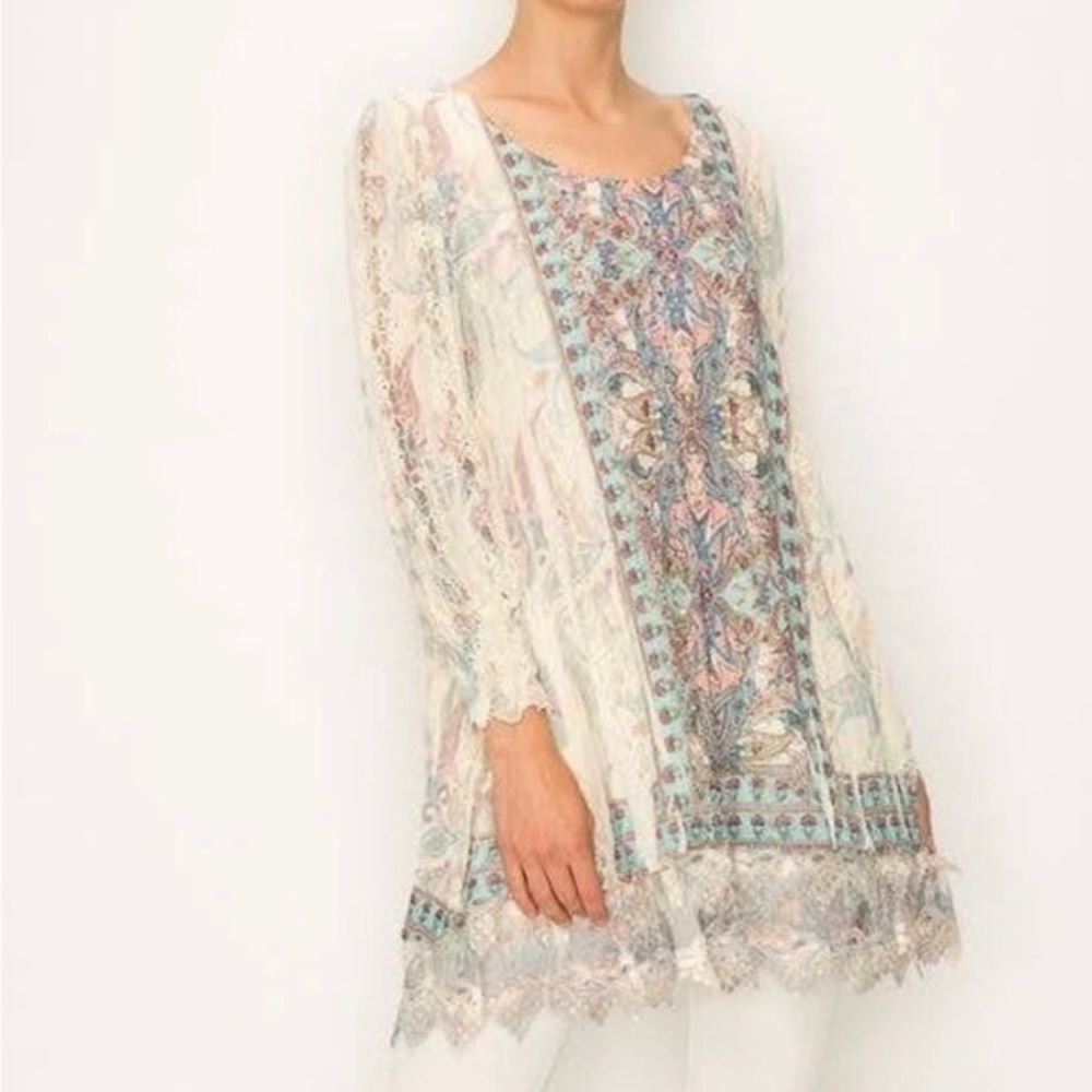 Origami Printed Lined Lace Tunic Top Size S